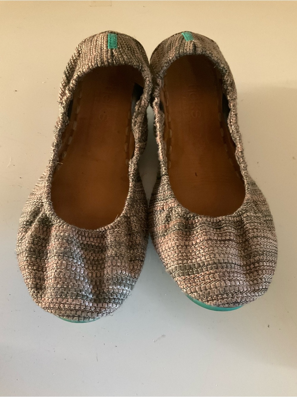 Tieks Beige Woven Flats with Teal Details